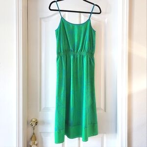 LOFT Ann Taylor Green Sundress Midi Palm Leaf Print Blue Green Vacation Resort